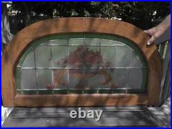 Antique ARCHED TRANSOM LEADED, STAINED  GLASS WINDOW (French kiln painted)