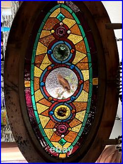 Antique Aesthetic Movement Leaded and Jeweled Mosaic Stained Glass Oval Window
