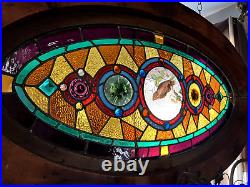 Antique Aesthetic Movement Leaded and Jeweled Mosaic Stained Glass Oval Window