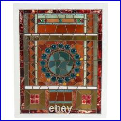 Antique Aesthetic Stained & Jeweled Leaded Glass Window With Stylized Globe