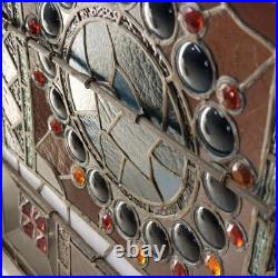 Antique Aesthetic Stained & Jeweled Leaded Glass Window With Stylized Globe