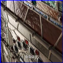 Antique Aesthetic Stained & Jeweled Leaded Glass Window With Stylized Globe