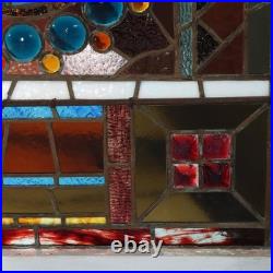 Antique Aesthetic Stained & Jeweled Leaded Glass Window With Stylized Globe