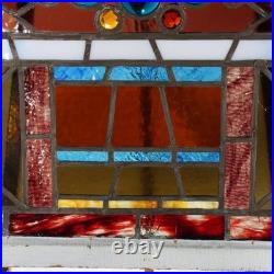 Antique Aesthetic Stained & Jeweled Leaded Glass Window With Stylized Globe