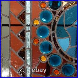 Antique Aesthetic Stained & Jeweled Leaded Glass Window With Stylized Globe