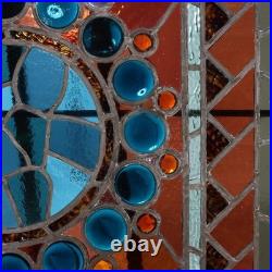 Antique Aesthetic Stained & Jeweled Leaded Glass Window With Stylized Globe