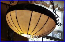 Antique Art Deco Leaded Inverted Dome Slag Glass & Copper Pendant Chandelier