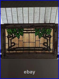 Antique Art Nouveau Leaded Stained Glass Window Floral orig frame 34 X 20.5