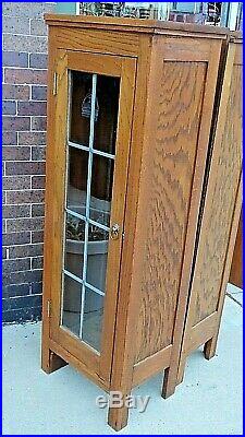 Antique Arts & Crafts Craftsmen Mission Leaded glass door Bookcase cabinets Pair