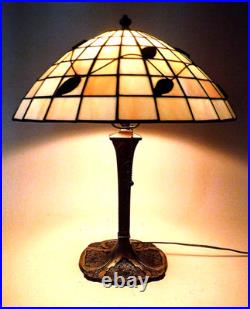 Antique Arts Crafts Handel Era Stain Leaded Glass Overlay Metal Lamp, 1910