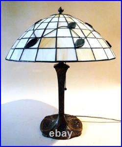 Antique Arts Crafts Handel Era Stain Leaded Glass Overlay Metal Lamp, 1910