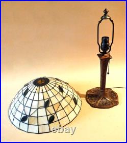 Antique Arts Crafts Handel Era Stain Leaded Glass Overlay Metal Lamp, 1910