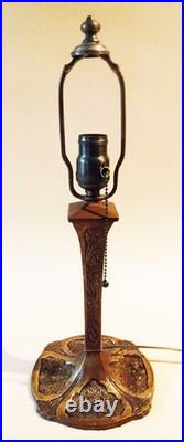 Antique Arts Crafts Handel Era Stain Leaded Glass Overlay Metal Lamp, 1910