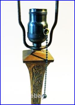 Antique Arts Crafts Handel Era Stain Leaded Glass Overlay Metal Lamp, 1910