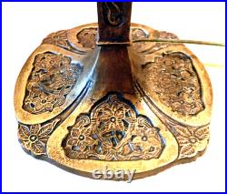 Antique Arts Crafts Handel Era Stain Leaded Glass Overlay Metal Lamp, 1910