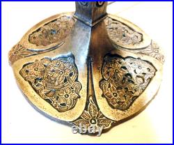 Antique Arts Crafts Handel Era Stain Leaded Glass Overlay Metal Lamp, 1910