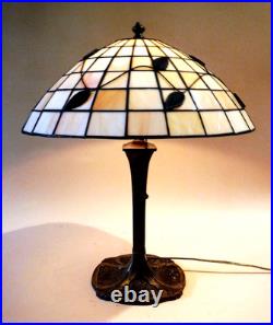 Antique Arts Crafts Handel Era Stain Leaded Glass Overlay Metal Lamp, 1910