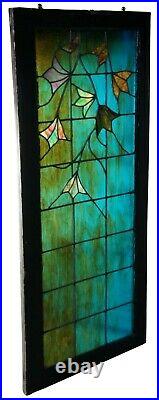 Antique Arts & Crafts Leaded Stained Glass Window Frame Blues Greens Floral 53
