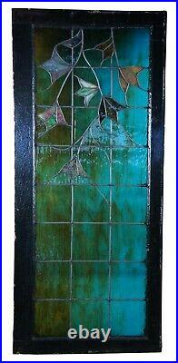 Antique Arts & Crafts Leaded Stained Glass Window Frame Blues Greens Floral 53