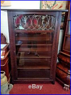 Antique Arts & Crafts Oak Leaded Glass Bookcase China Cabinet Stickley Style