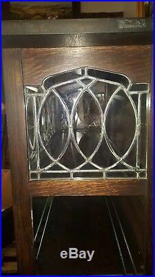 Antique Arts & Crafts Oak Leaded Glass Bookcase China Cabinet Stickley Style