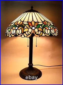 Antique Bronze Handel Era Tree Trunk Table Lamp + Stain Glass Leaded Shade 1910