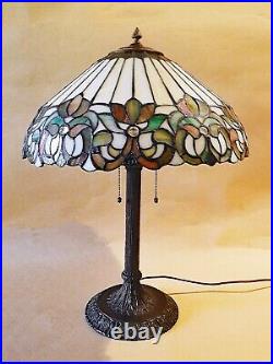 Antique Bronze Handel Era Tree Trunk Table Lamp + Stain Glass Leaded Shade 1910