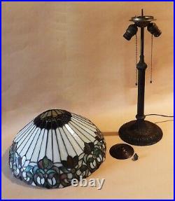 Antique Bronze Handel Era Tree Trunk Table Lamp + Stain Glass Leaded Shade 1910