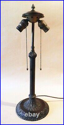 Antique Bronze Handel Era Tree Trunk Table Lamp + Stain Glass Leaded Shade 1910