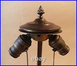 Antique Bronze Handel Era Tree Trunk Table Lamp + Stain Glass Leaded Shade 1910