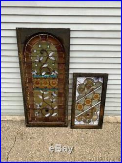 Antique Chicago Victorian Stained Leaded Glass Arched Top Window with Jewels