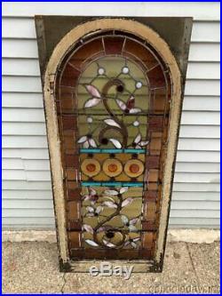 Antique Chicago Victorian Stained Leaded Glass Arched Top Window with Jewels