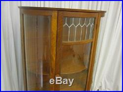 Antique China Curio Cabinet Hutch w Leaded Glass Panel Curved Sides ¼ Sawn Oak