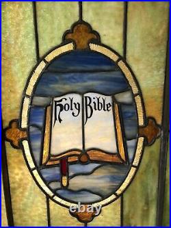 Antique Church Multi-colored Stained Glass Window HOLY BIBLE 24 x 25