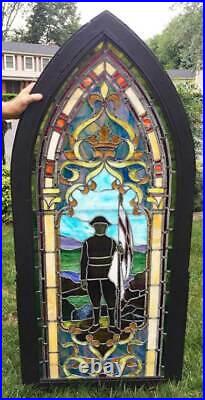 Antique Church STAINED / LEADED GLASS WINDOW HISTORICAL WW1 SOLDIER With MEM