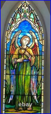 Antique Church STAINED LEADED GLASS WINDOW drapery GLASS WINGED ANGEL