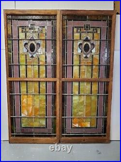 Antique Church Stained Glass Window Pair Architectural Salvage