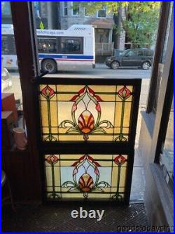 Antique Circa 1910 Art Nouveau Stained Leaded Glass Window 34 x 25