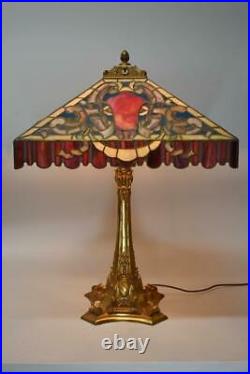 Antique Duffner & Kimberly Elizabethan Leaded Glass Table Lamp Hubell Sockets