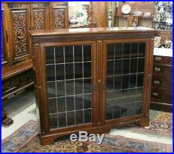 Antique English Dark Oak 2 Leaded Glass Door Bookcase / Display Cabinet