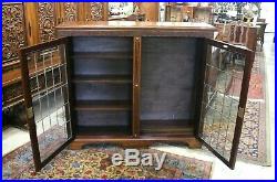 Antique English Dark Oak 2 Leaded Glass Door Bookcase / Display Cabinet