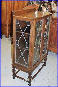 Antique English Jacobean Oak Leaded Glass 2 Door Bookcase / Display Cabinet