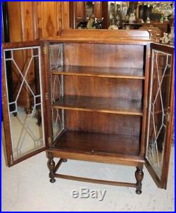 Antique English Jacobean Oak Leaded Glass 2 Door Bookcase / Display Cabinet