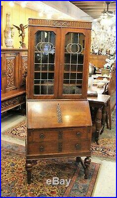 Antique English Oak Art Deco 2 Drawer Secretary Desk Leaded Glass Door Bookcase