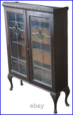 Antique English Queen Anne Leaded Slag Glass Curio Cabinet Bookcase 53