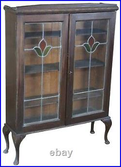 Antique English Queen Anne Leaded Slag Glass Curio Cabinet Bookcase 53
