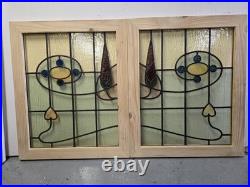 Antique English Stained Glass Window Pair