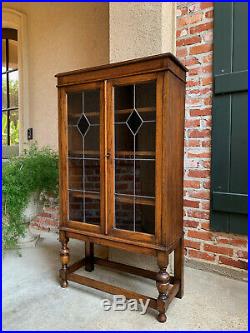 Antique English Tiger Oak Bookcase Display Cabinet Blue Stained Leaded Glass
