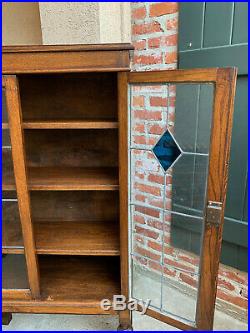 Antique English Tiger Oak Bookcase Display Cabinet Blue Stained Leaded Glass