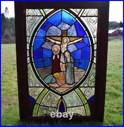 Antique French Stained Glass Panel withLeaded Glass Religious Jesus Crucifixion